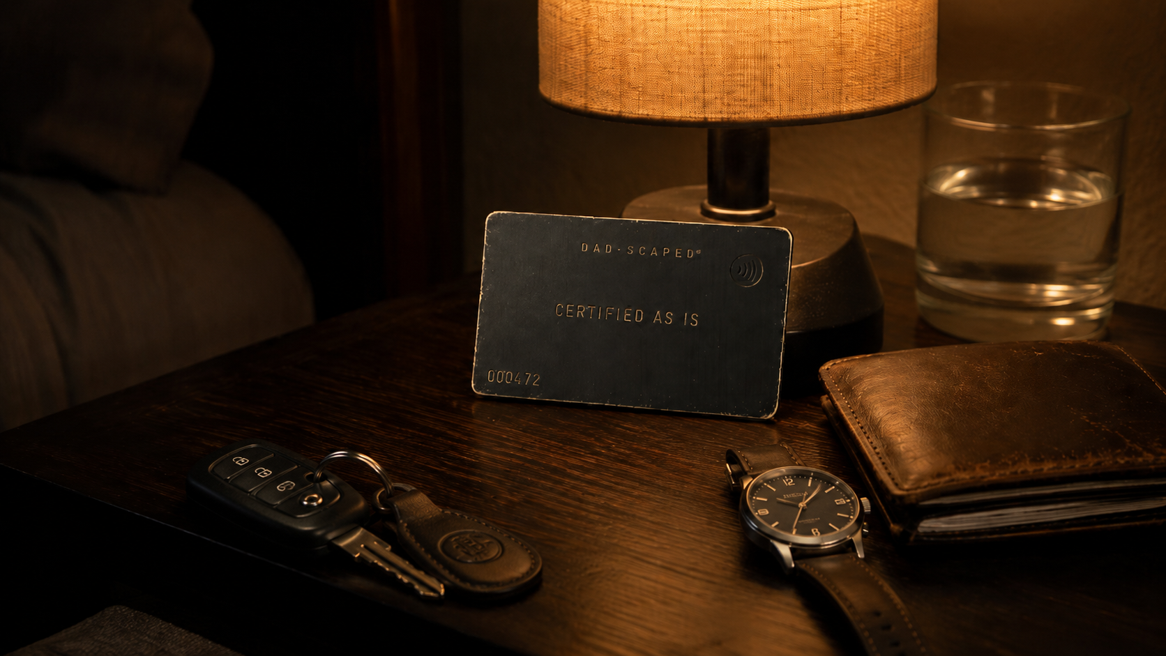 A numbered black Dad-Scaped founding card on a wooden table.